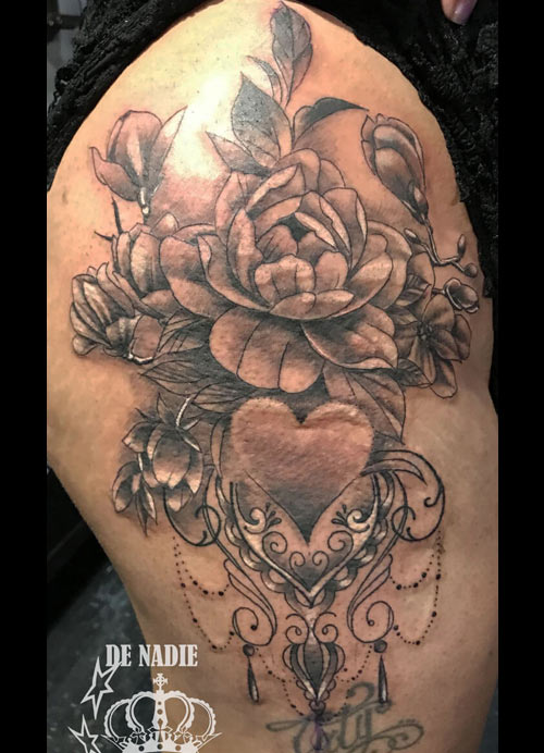 Leg tattoo for woman done by Infierno Queens 