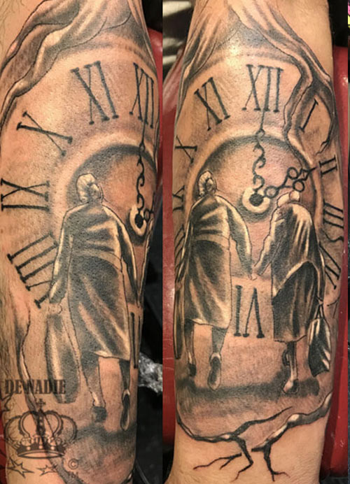 Time tattoo done by Infierno Pain Ink NY