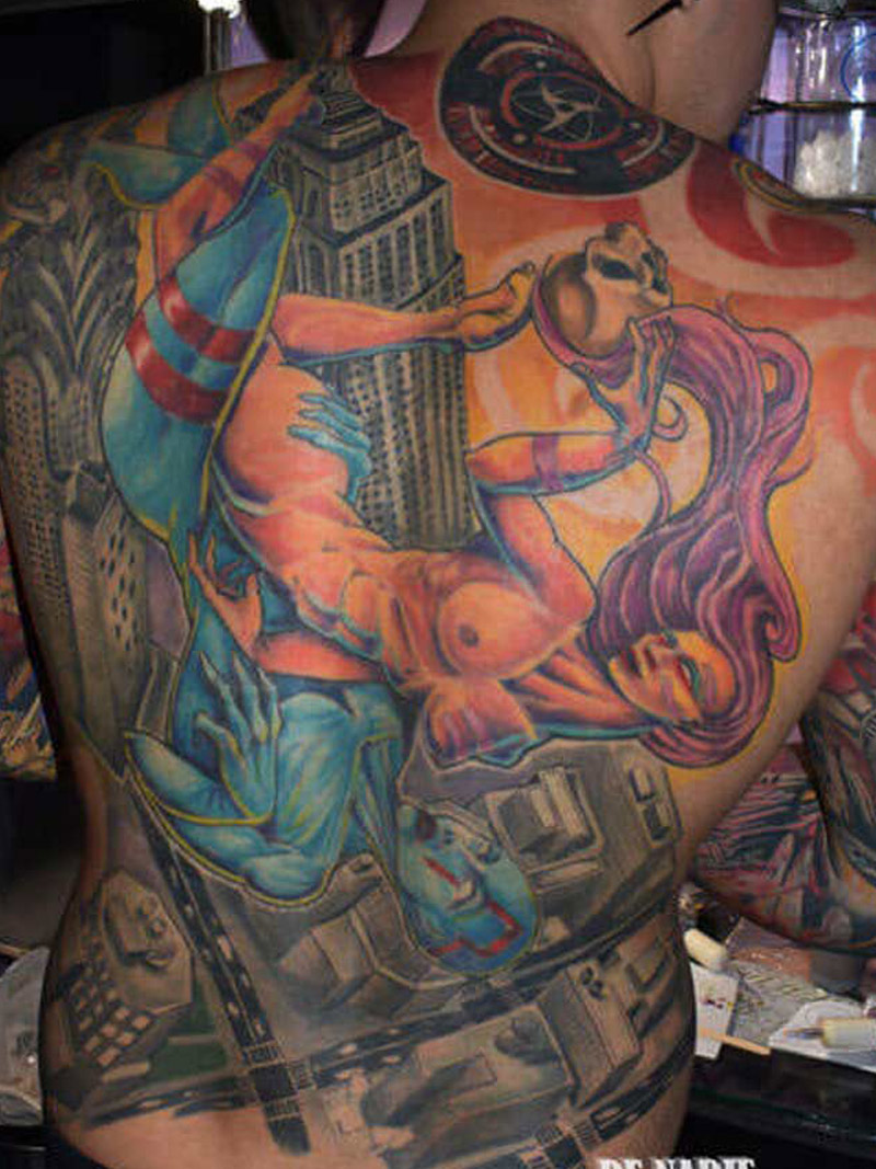 Full back color tattoo done by Infierno Queens NY